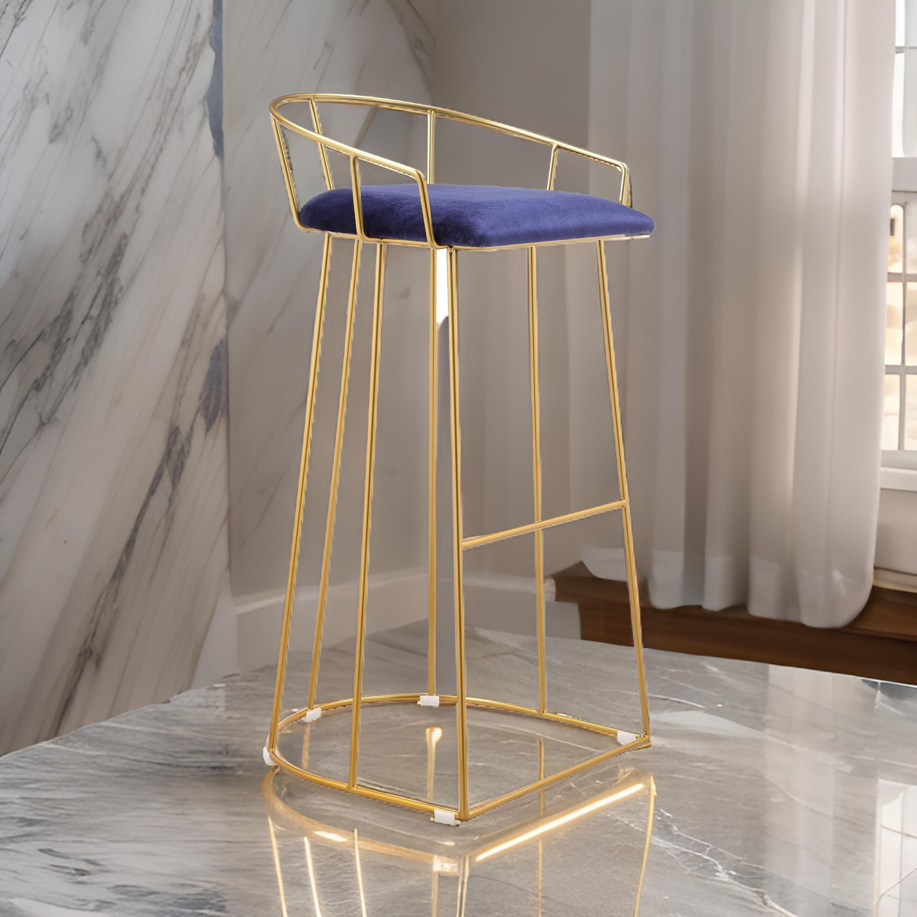 Benjara Cato 31 Inch Barstool Chair, Foam, Navy Blue Velvet, Gold Steel Open Frame