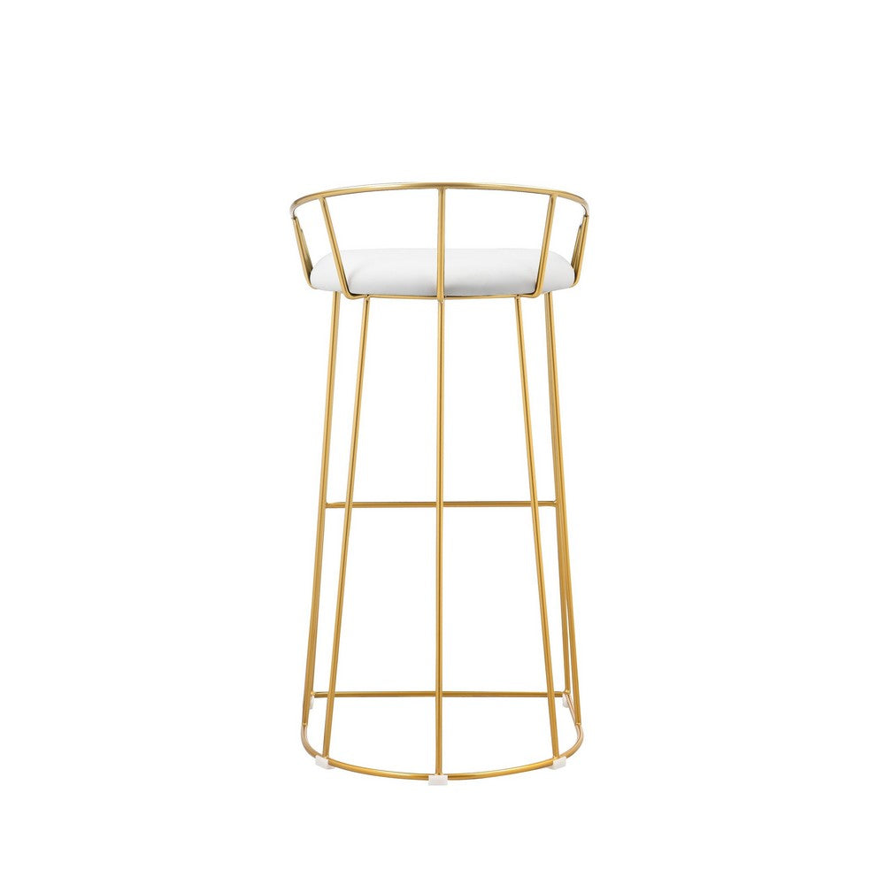 Benjara Cato 31 Inch Barstool Chair, White Faux Leather, Gold Open Steel Frame