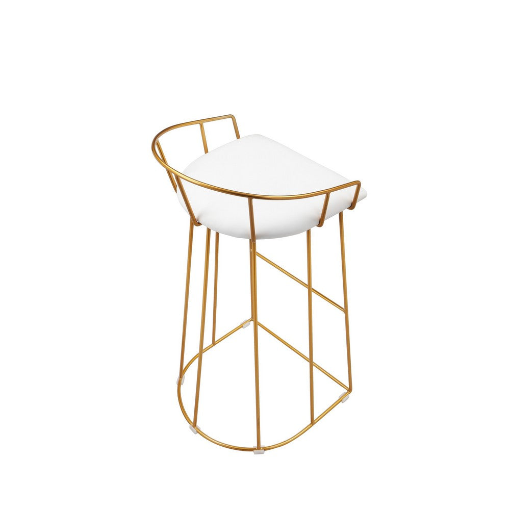 Benjara Cato 31 Inch Barstool Chair, White Faux Leather, Gold Open Steel Frame