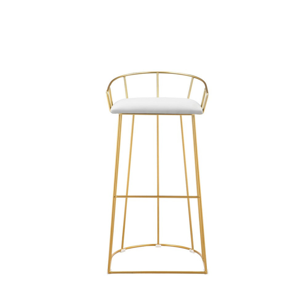 Benjara Cato 31 Inch Barstool Chair, White Faux Leather, Gold Open Steel Frame