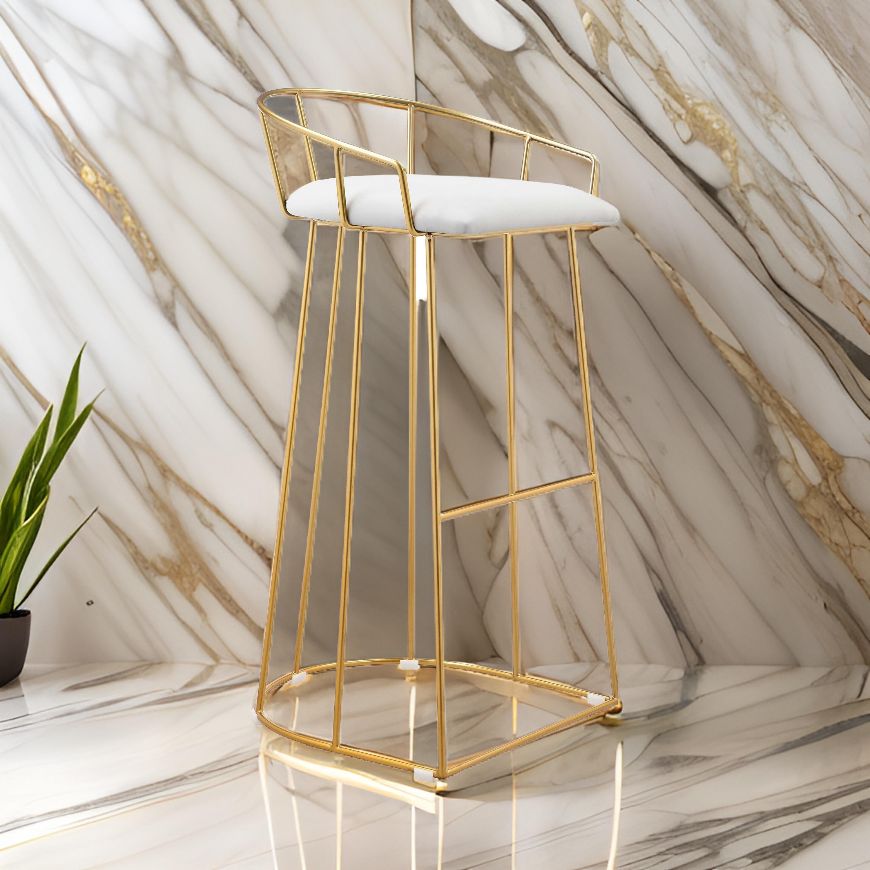 Benjara Cato 31 Inch Barstool Chair, White Faux Leather, Gold Open Steel Frame