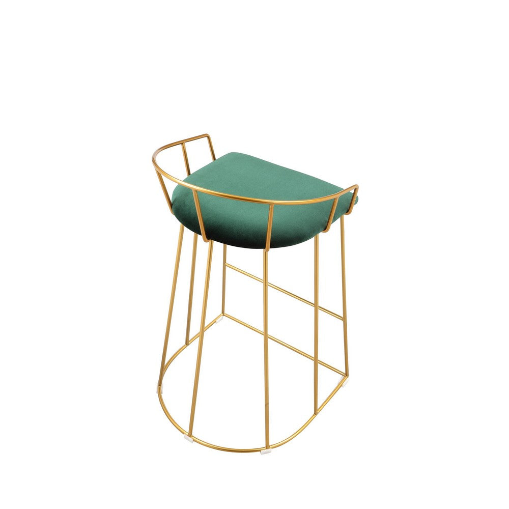Benjara Cato 27 Inch Counter Stool Chair, Green Velvet, Gold Steel Open Metal Frame