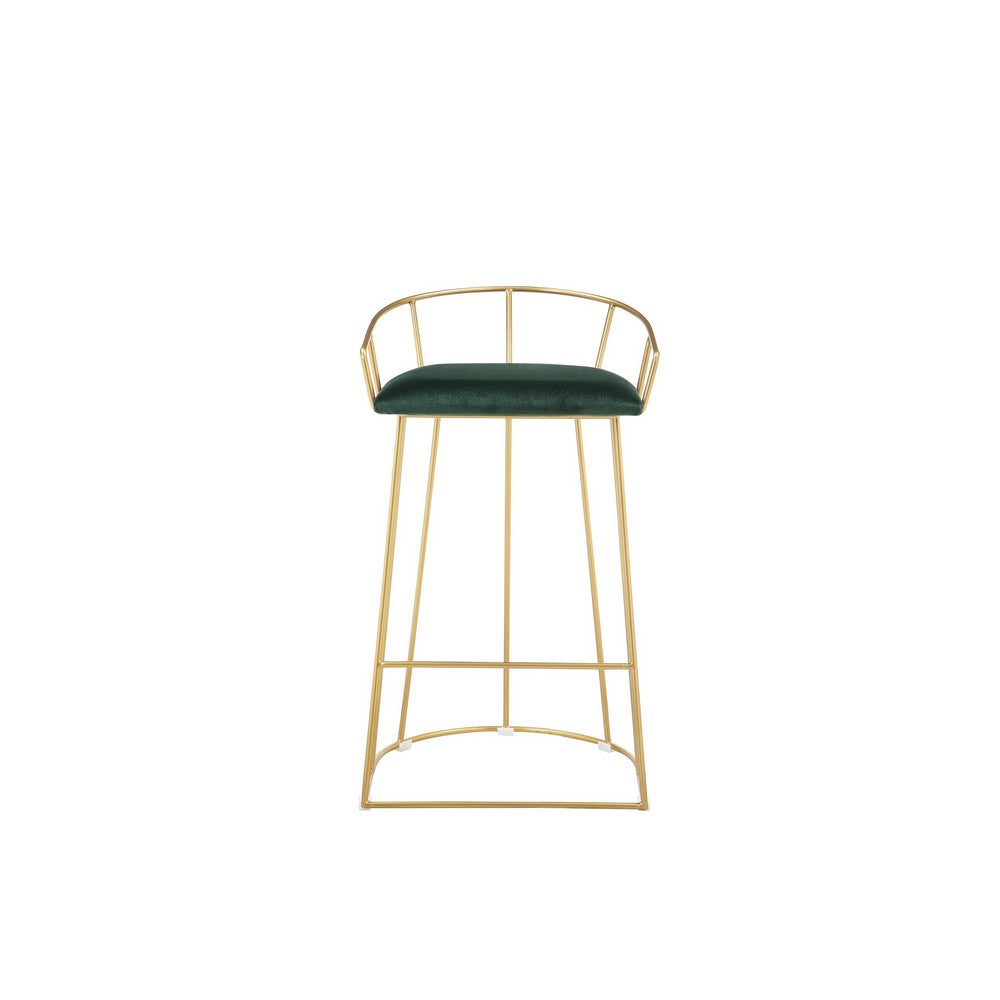Benjara Cato 27 Inch Counter Stool Chair, Green Velvet, Gold Steel Open Metal Frame