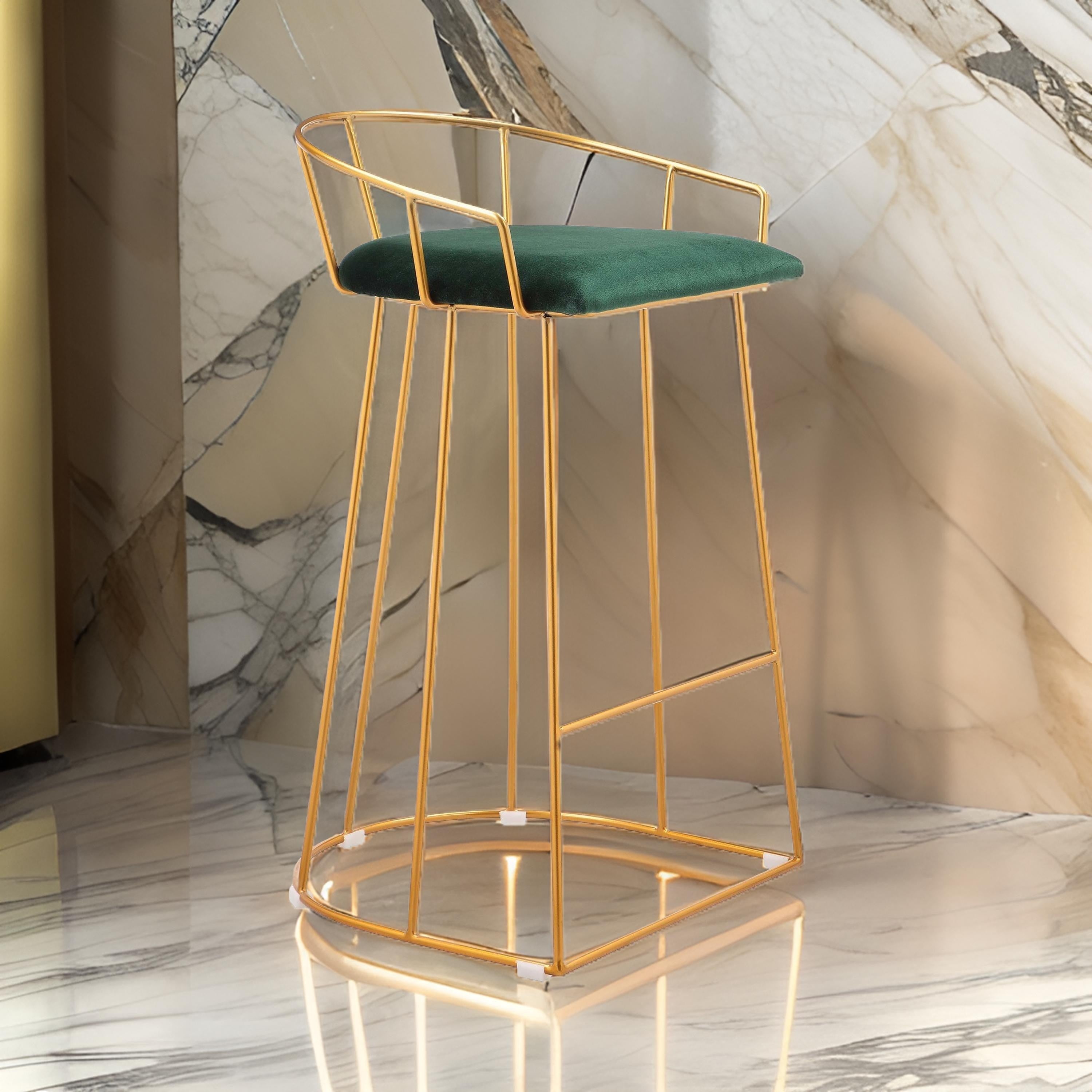 Benjara Cato 27 Inch Counter Stool Chair, Green Velvet, Gold Steel Open Metal Frame