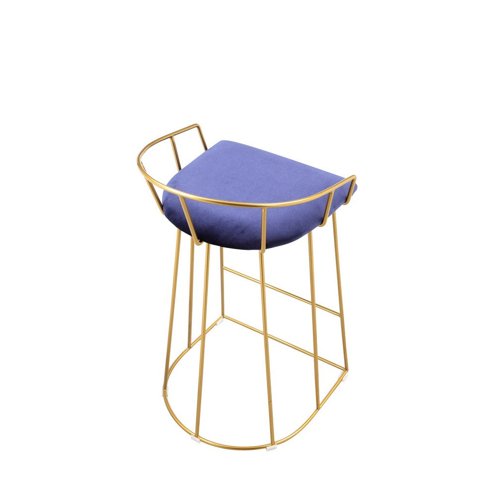 Benjara Cato 27 Inch Counter Stool Chair, Blue Velvet, Gold Steel Open Metal Frame