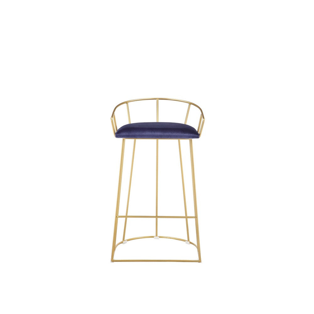 Benjara Cato 27 Inch Counter Stool Chair, Blue Velvet, Gold Steel Open Metal Frame