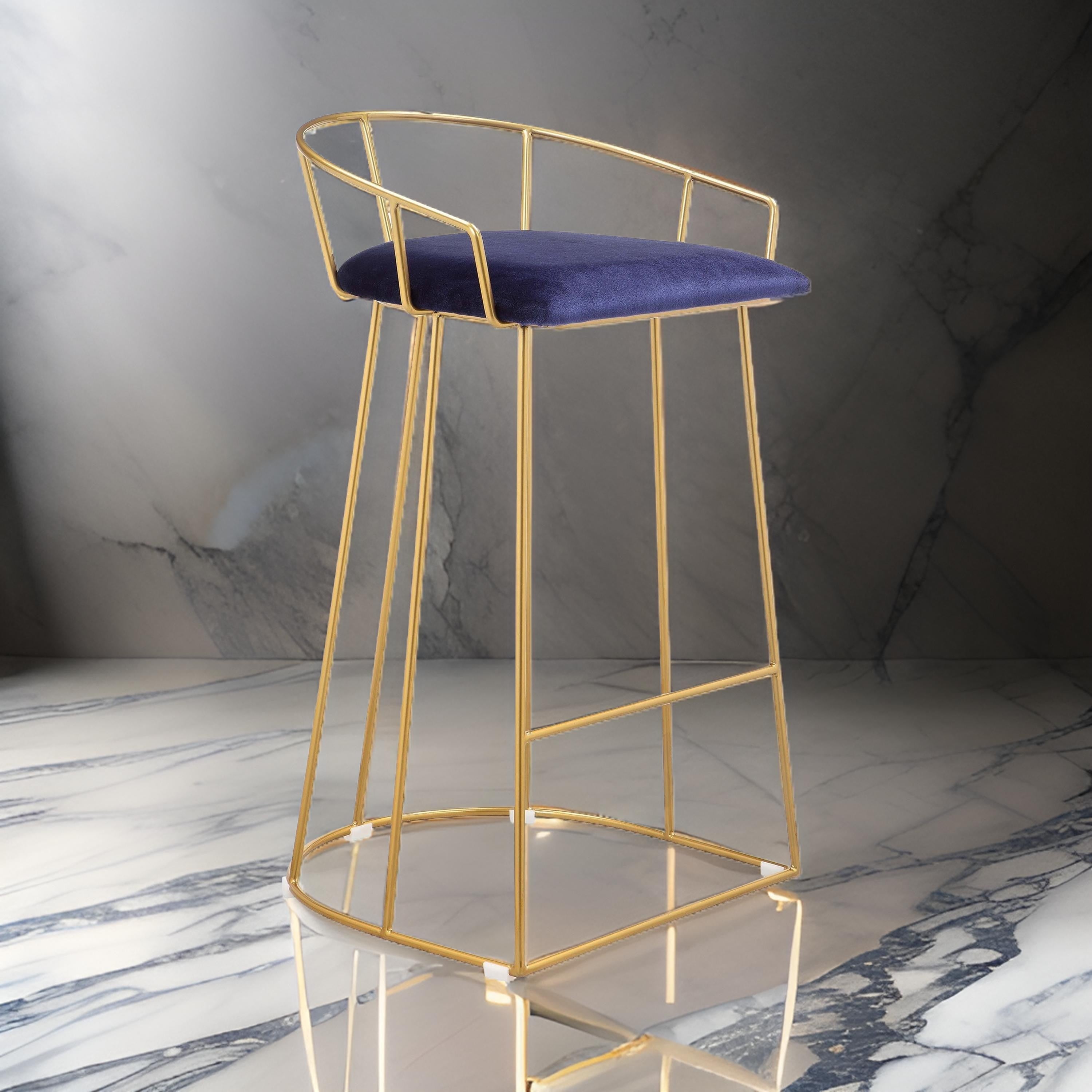 Benjara Cato 27 Inch Counter Stool Chair, Blue Velvet, Gold Steel Open Metal Frame