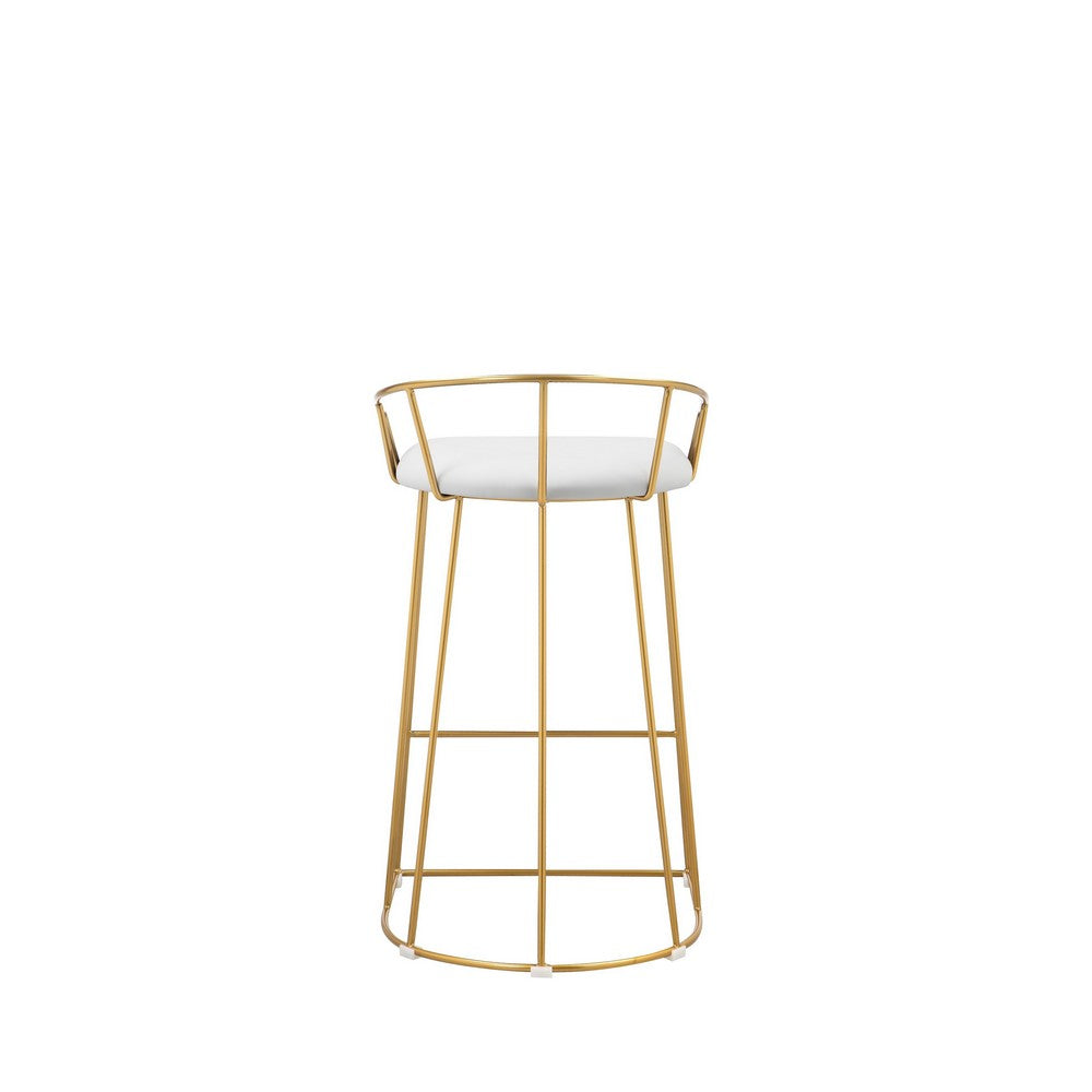 Benjara Cato 27 Inch Counter Stool Chair, White Faux Leather, Gold Steel Frame