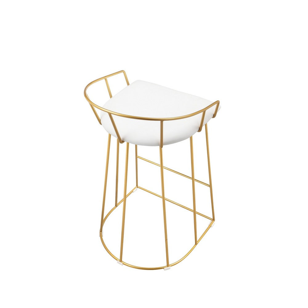 Benjara Cato 27 Inch Counter Stool Chair, White Faux Leather, Gold Steel Frame