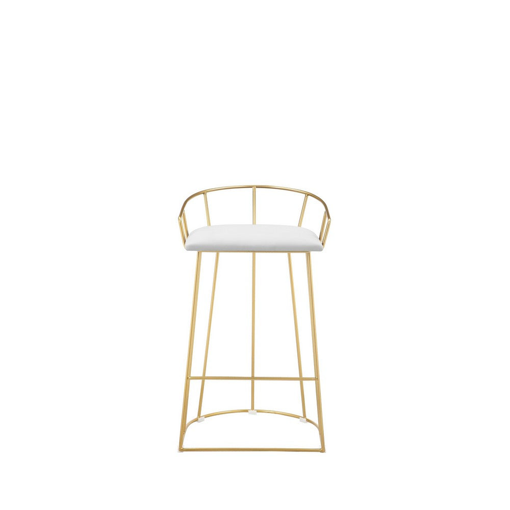 Benjara Cato 27 Inch Counter Stool Chair, White Faux Leather, Gold Steel Frame