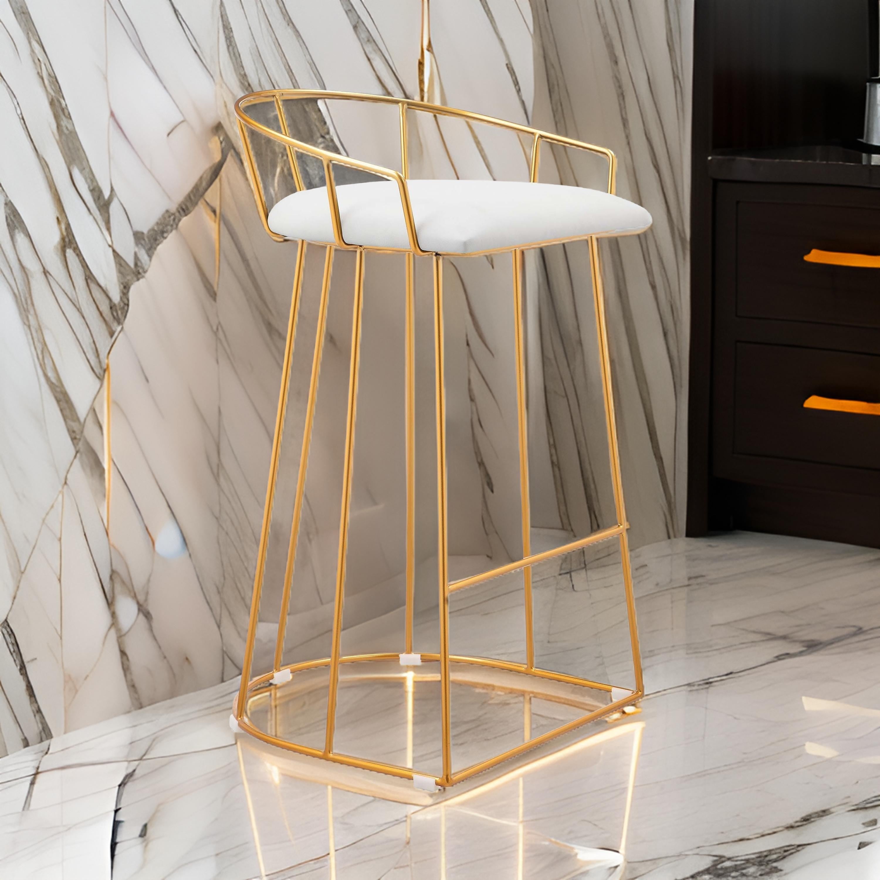 Benjara Cato 27 Inch Counter Stool Chair, White Faux Leather, Gold Steel Frame