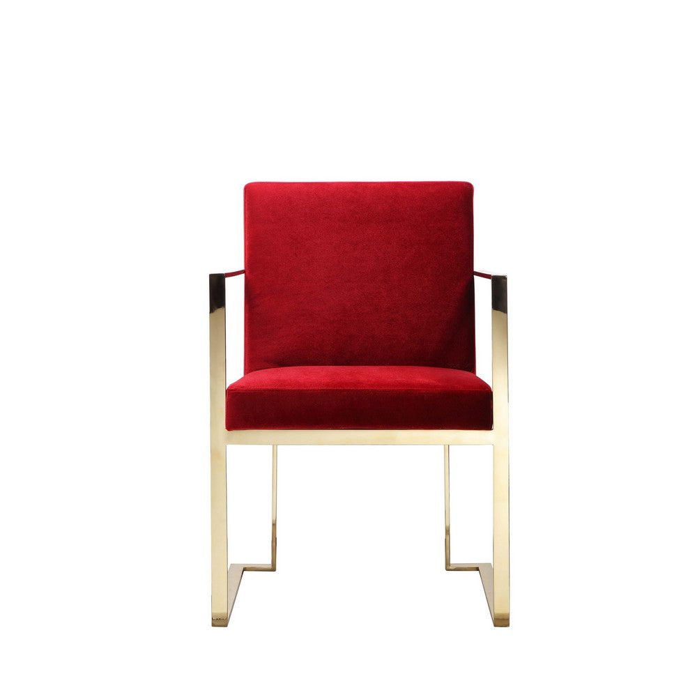 Benjara Boly 22 Inch Dining Side Chair Armchair, Maroon Velvet, Gold Steel Frame