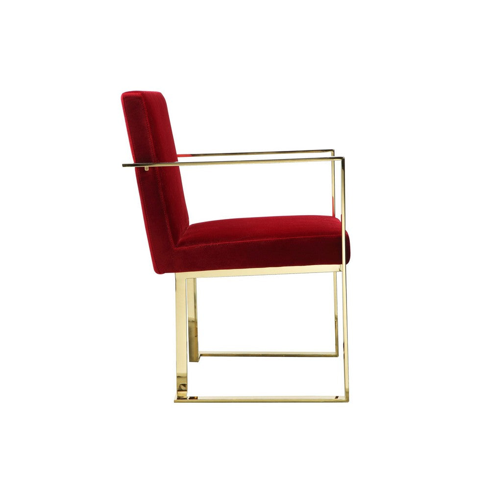 Benjara Boly 22 Inch Dining Side Chair Armchair, Maroon Velvet, Gold Steel Frame