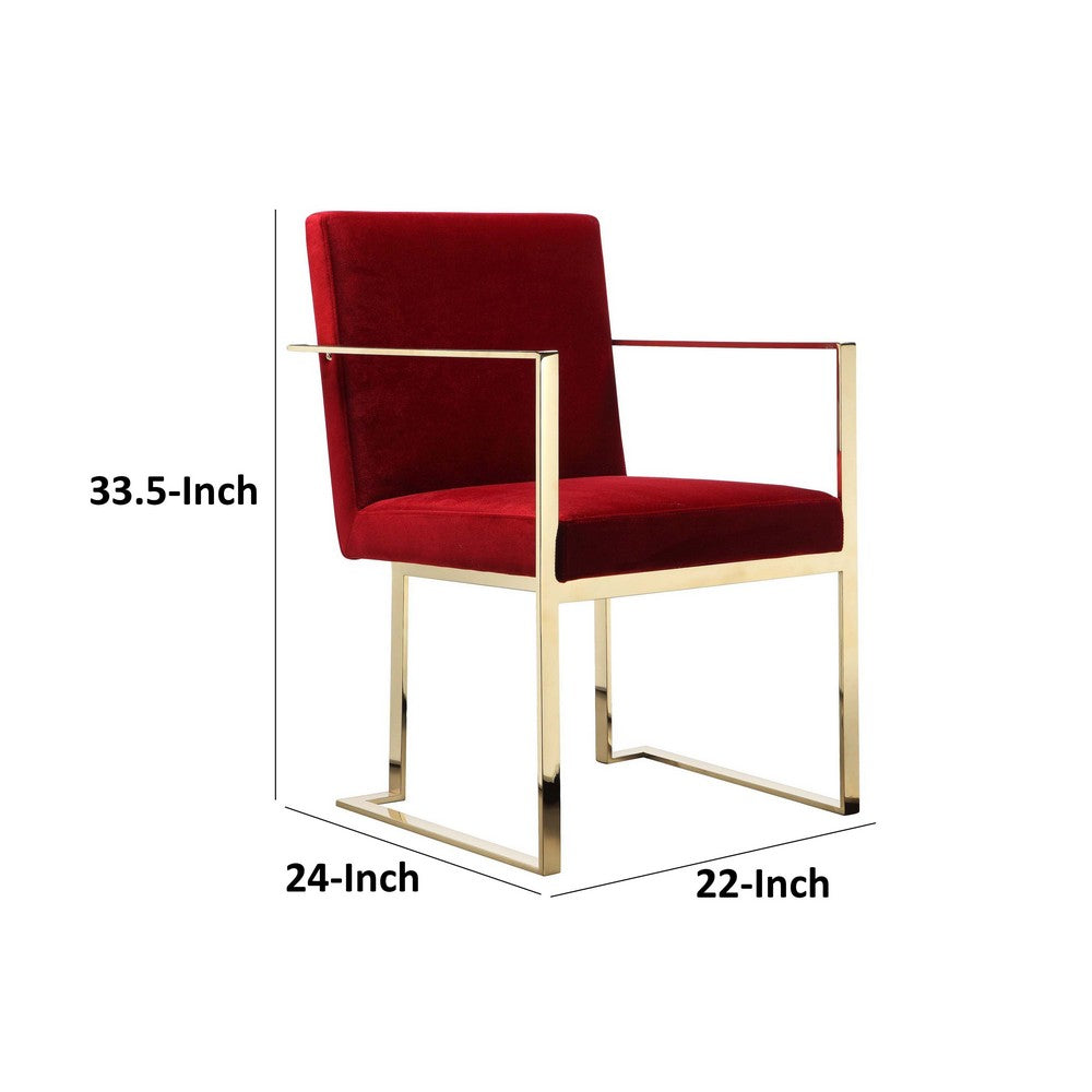 Benjara Boly 22 Inch Dining Side Chair Armchair, Maroon Velvet, Gold Steel Frame