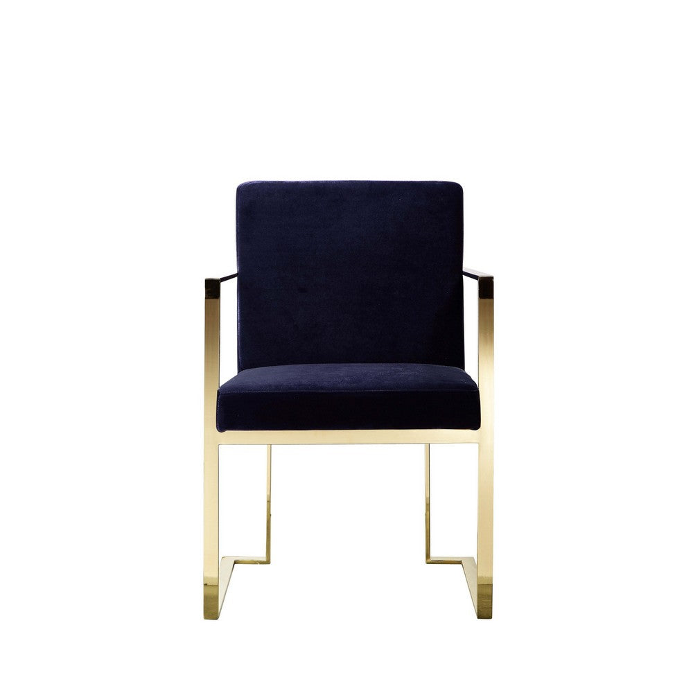 Benjara Boly 22 Inch Dining Side Chair Armchair, Navy Blue Velvet, Gold Steel Frame