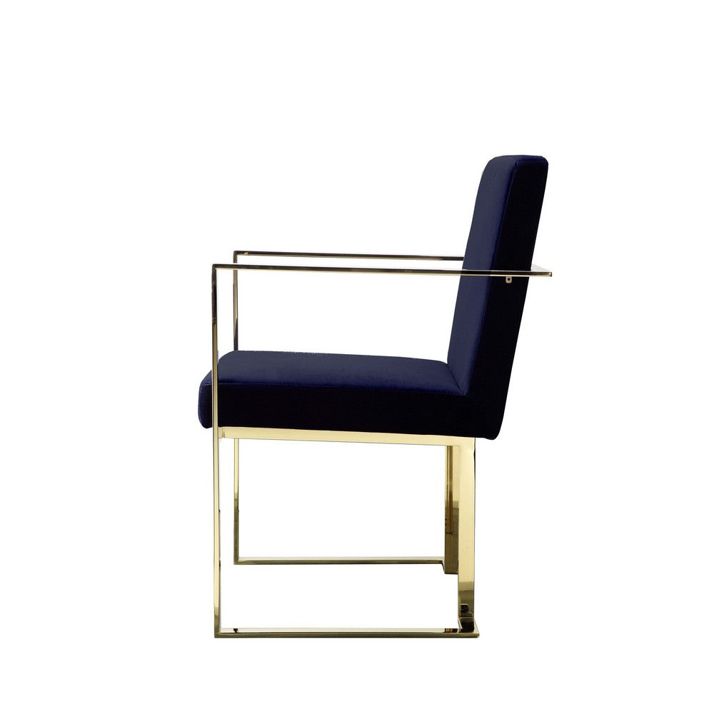 Benjara Boly 22 Inch Dining Side Chair Armchair, Navy Blue Velvet, Gold Steel Frame