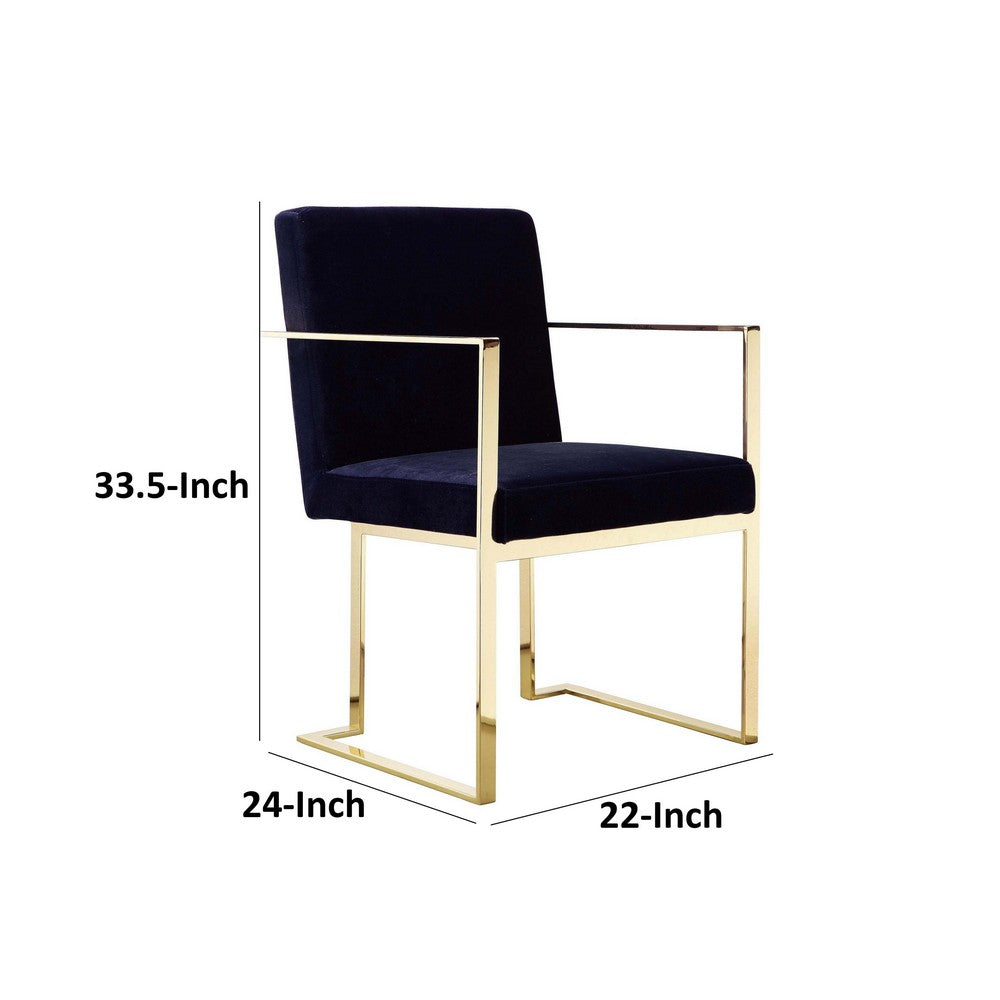 Benjara Boly 22 Inch Dining Side Chair Armchair, Navy Blue Velvet, Gold Steel Frame