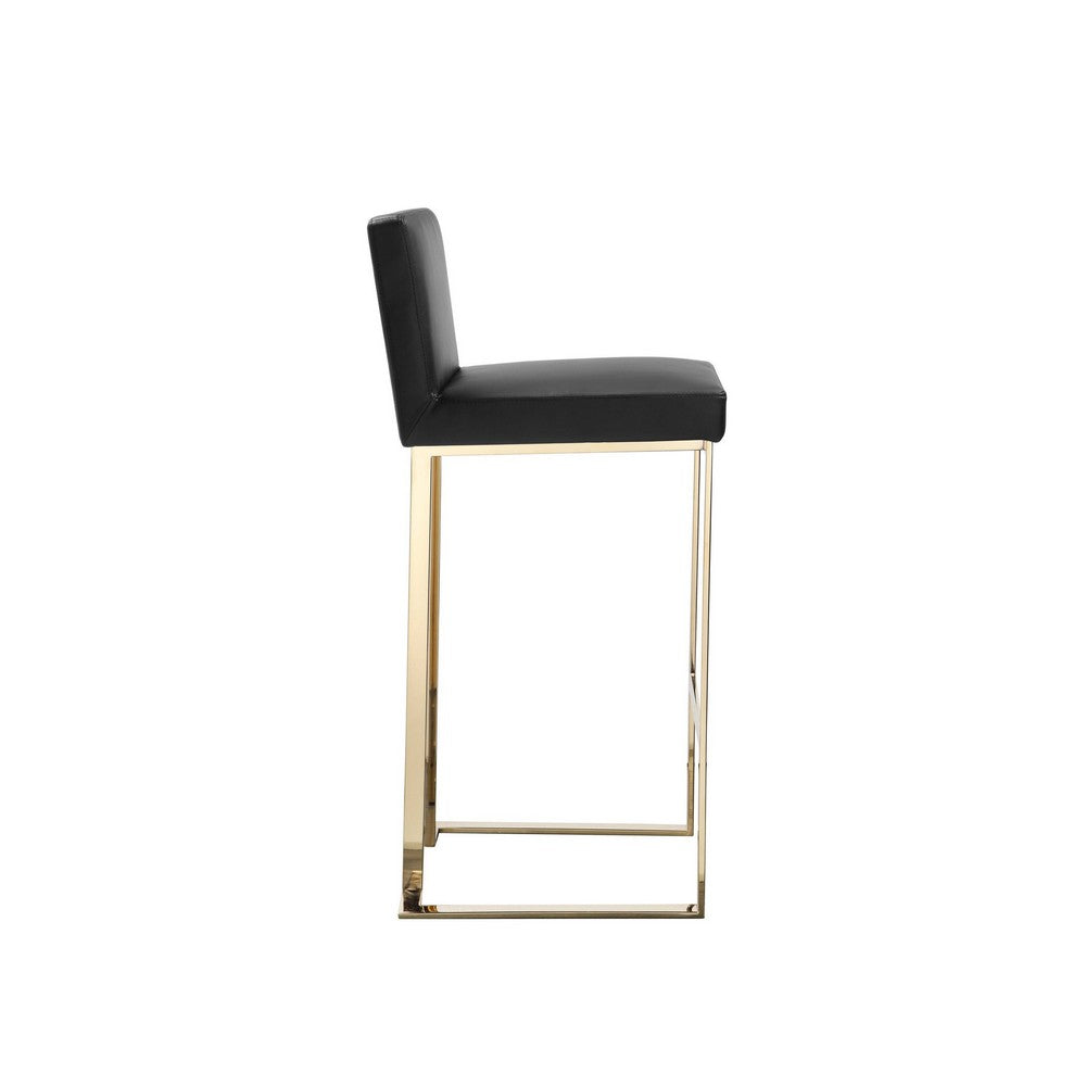 Benjara Boly 30 Inch Barstool Chair, Cushioned Black Faux Leather, Gold Cantilever