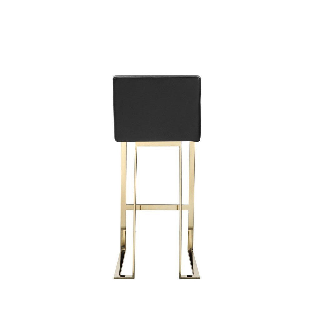 Benjara Boly 30 Inch Barstool Chair, Cushioned Black Faux Leather, Gold Cantilever