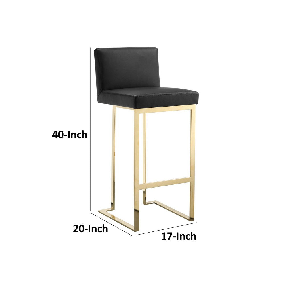 Benjara Boly 30 Inch Barstool Chair, Cushioned Black Faux Leather, Gold Cantilever