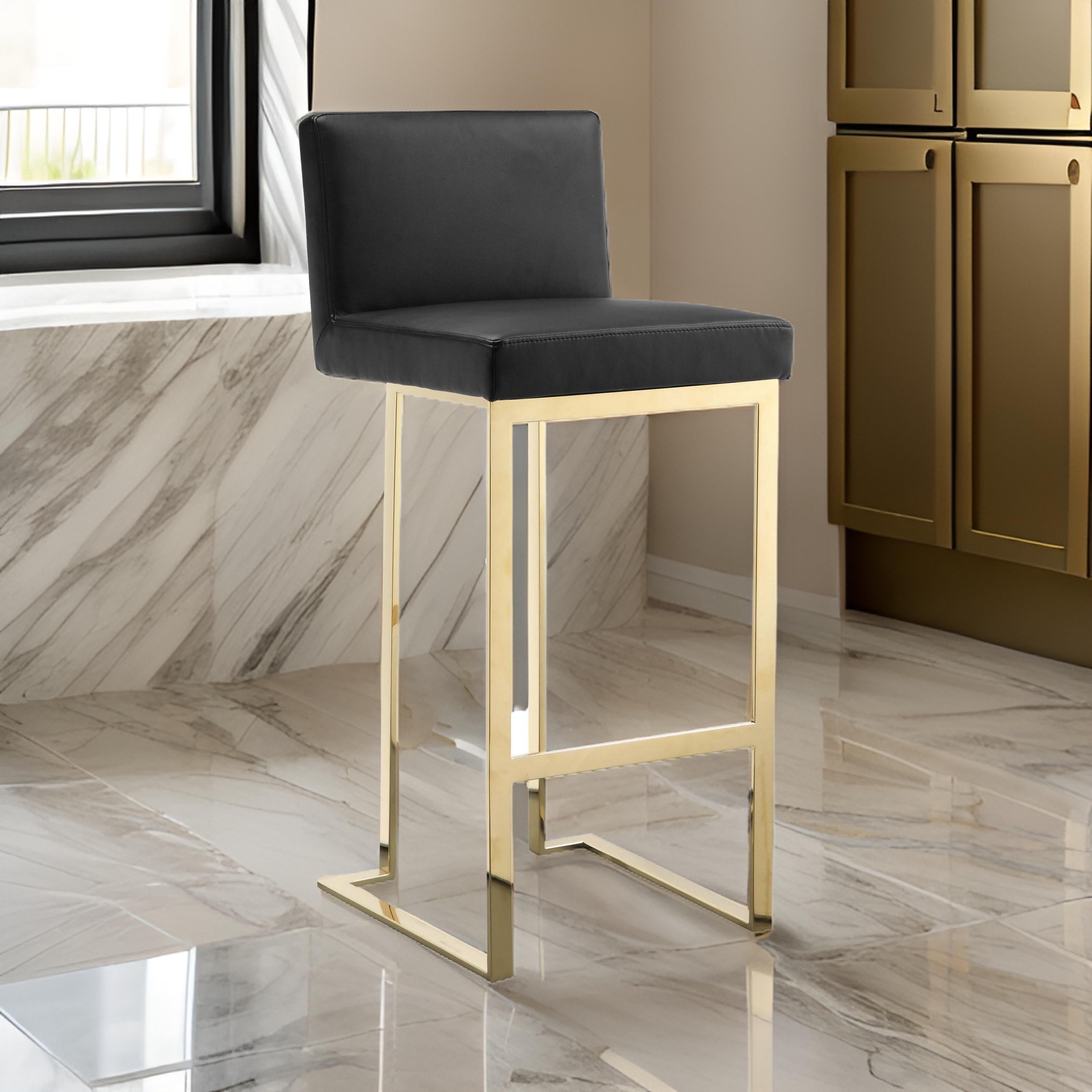 Benjara Boly 30 Inch Barstool Chair, Cushioned Black Faux Leather, Gold Cantilever
