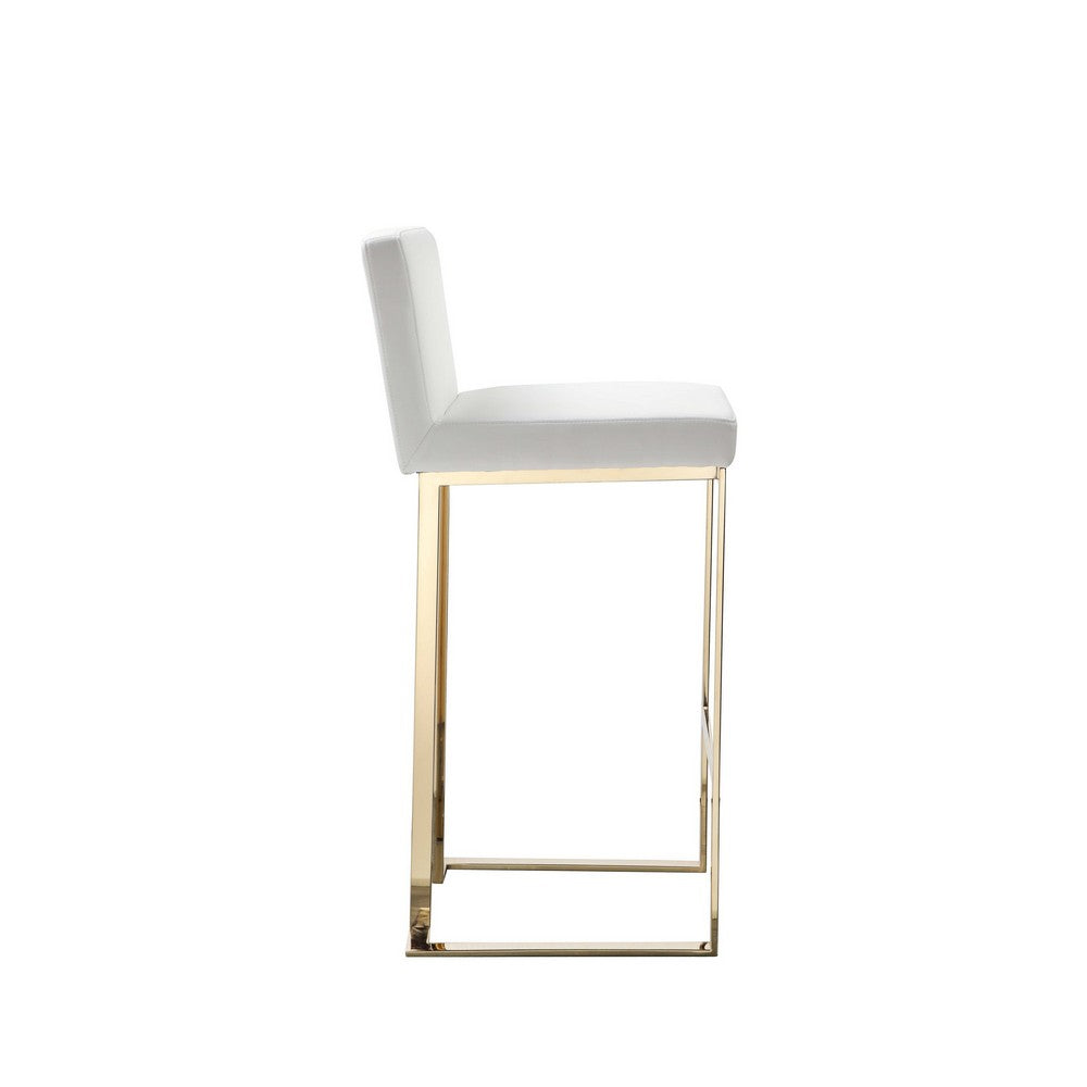Benjara Boly 30 Inch Barstool Chair, Cushioned White Faux Leather, Gold Cantilever
