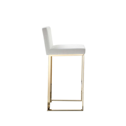 Benjara Boly 30 Inch Barstool Chair, Cushioned White Faux Leather, Gold Cantilever