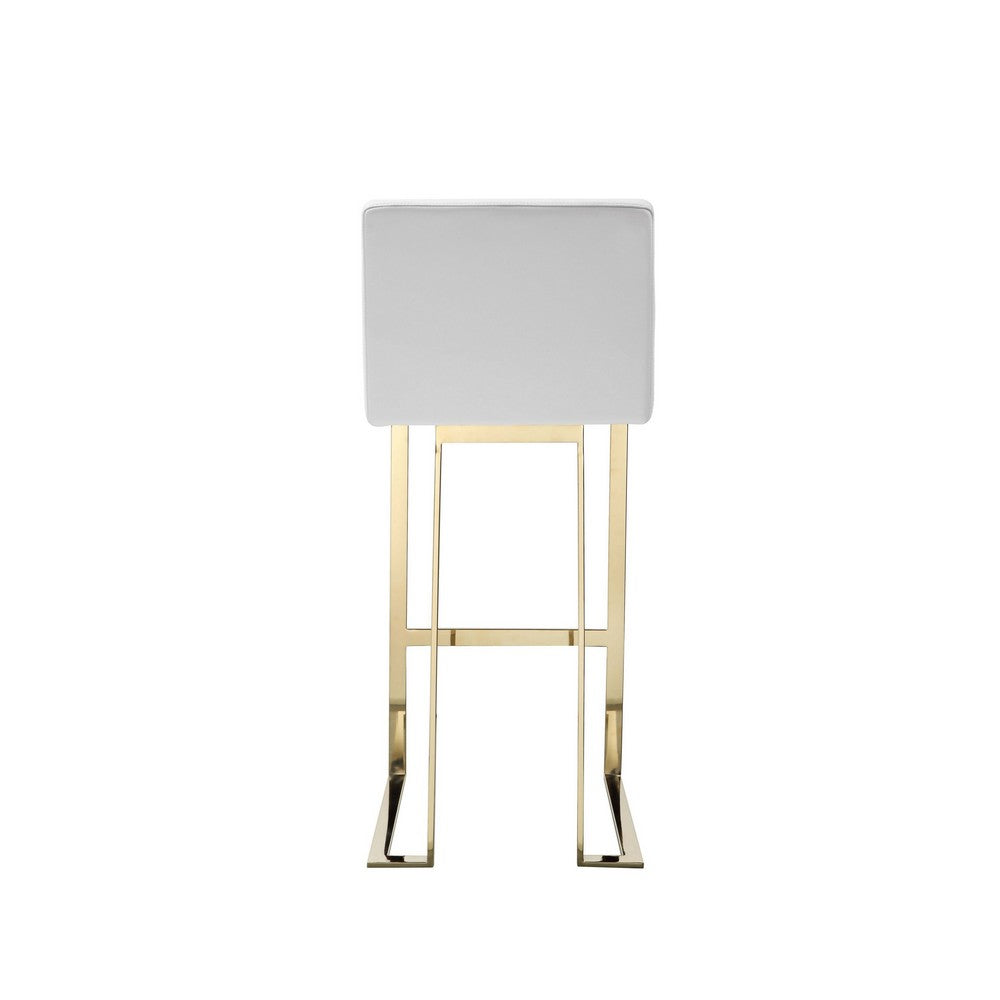 Benjara Boly 30 Inch Barstool Chair, Cushioned White Faux Leather, Gold Cantilever