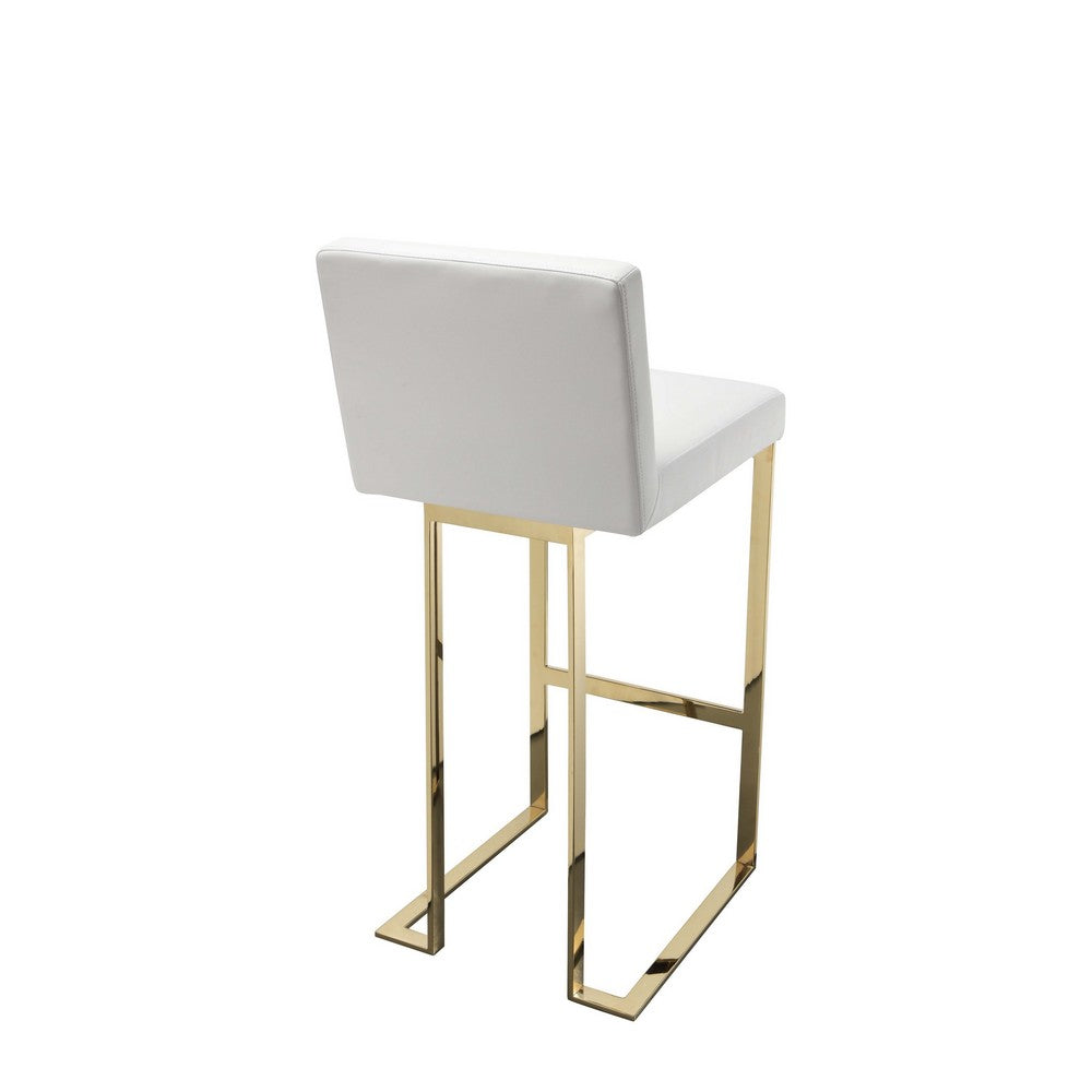 Benjara Boly 30 Inch Barstool Chair, Cushioned White Faux Leather, Gold Cantilever