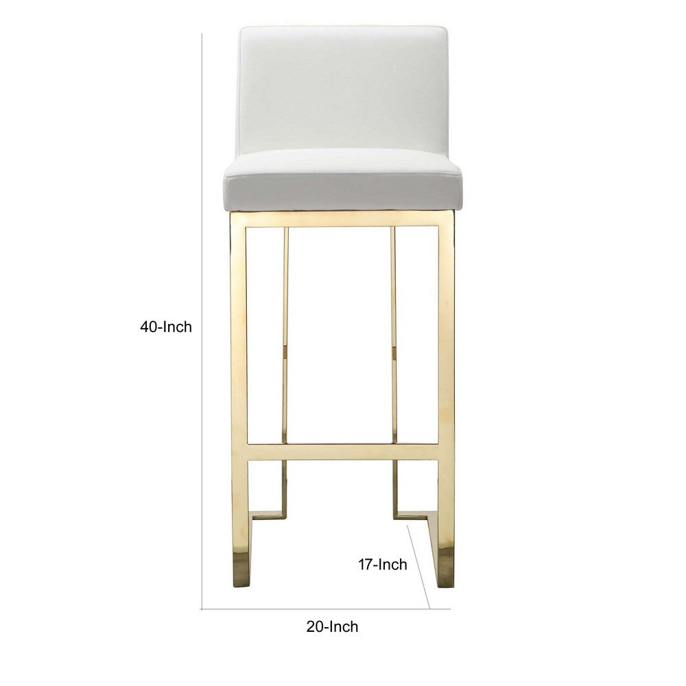 Benjara Boly 30 Inch Barstool Chair, Cushioned White Faux Leather, Gold Cantilever
