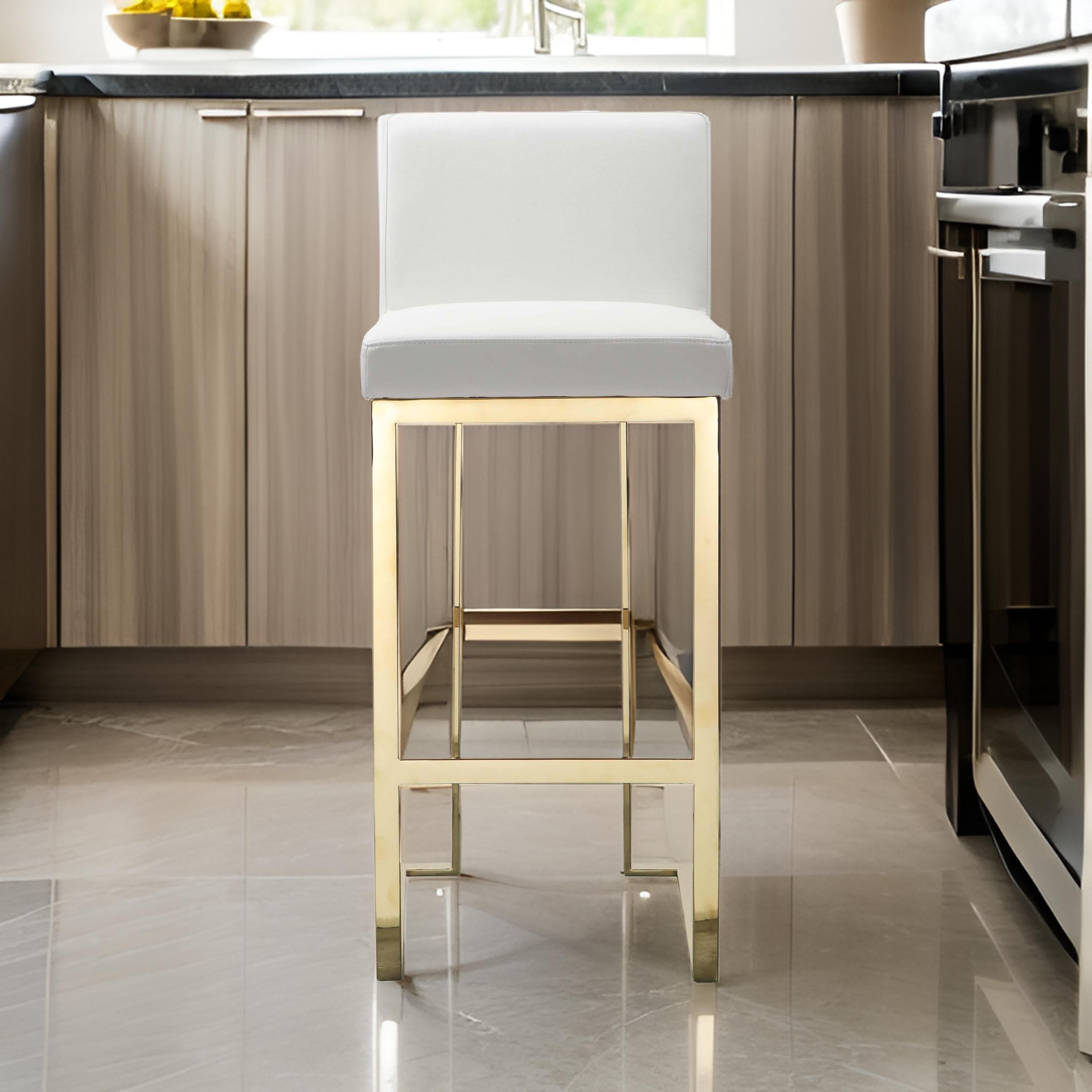 Benjara Boly 30 Inch Barstool Chair, Cushioned White Faux Leather, Gold Cantilever