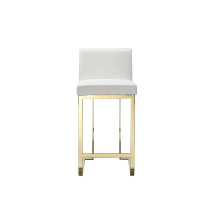 Benjara Boly 26 Inch Counter Stool, Cushioned White Faux Leather, Gold Cantilever