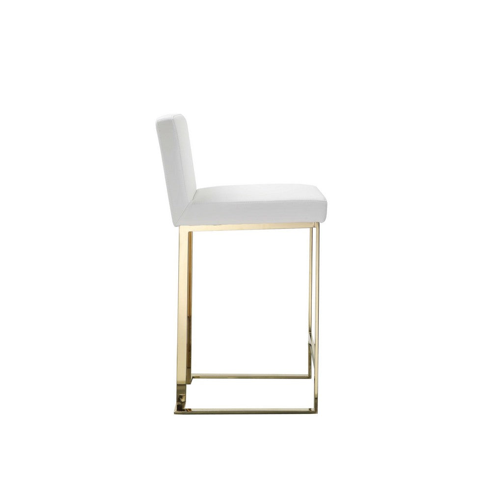 Benjara Boly 26 Inch Counter Stool, Cushioned White Faux Leather, Gold Cantilever