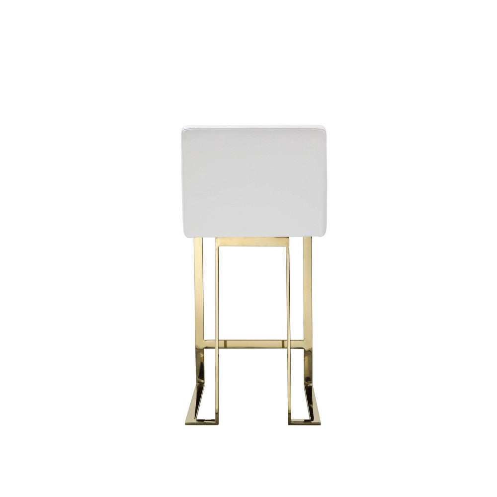 Benjara Boly 26 Inch Counter Stool, Cushioned White Faux Leather, Gold Cantilever