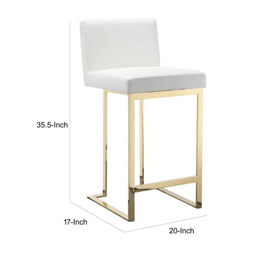 Benjara Boly 26 Inch Counter Stool, Cushioned White Faux Leather, Gold Cantilever