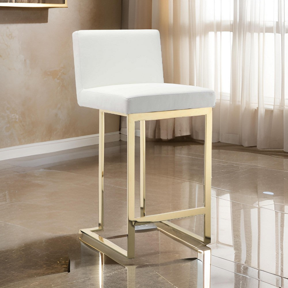 Benjara Boly 26 Inch Counter Stool, Cushioned White Faux Leather, Gold Cantilever
