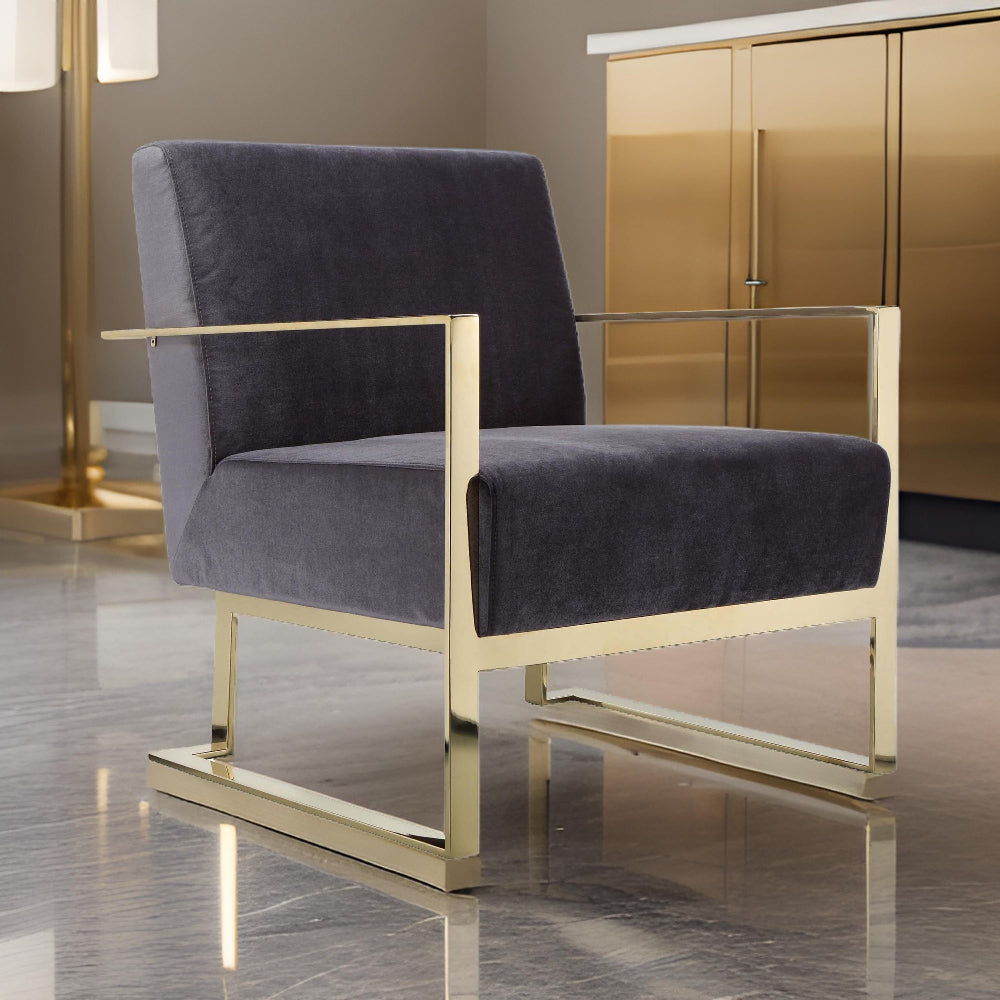 Benjara Boly 28 Inch Lounge Chair, Gray Velvet Upholstery, Gold Steel Frame