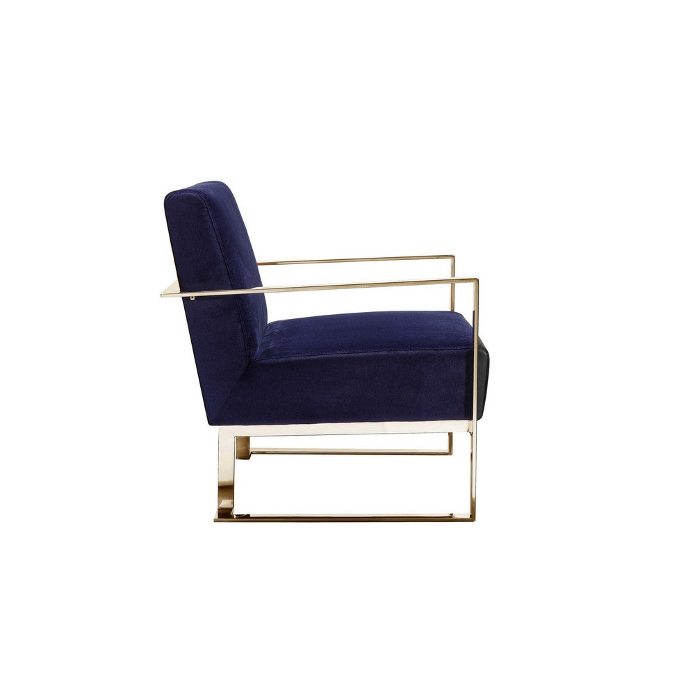 Benjara Boly 28 Inch Lounge Chair, Navy Blue Velvet Upholstery, Gold Steel Frame