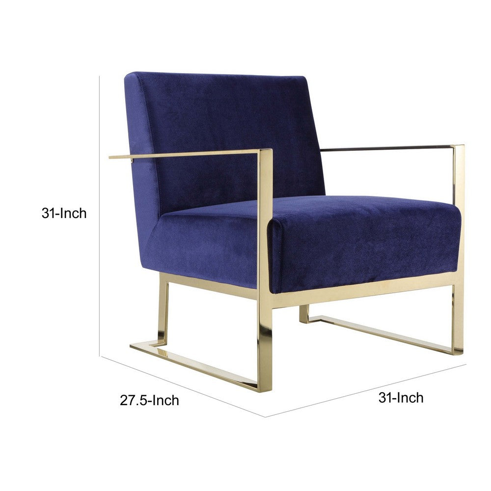 Benjara Boly 28 Inch Lounge Chair, Navy Blue Velvet Upholstery, Gold Steel Frame