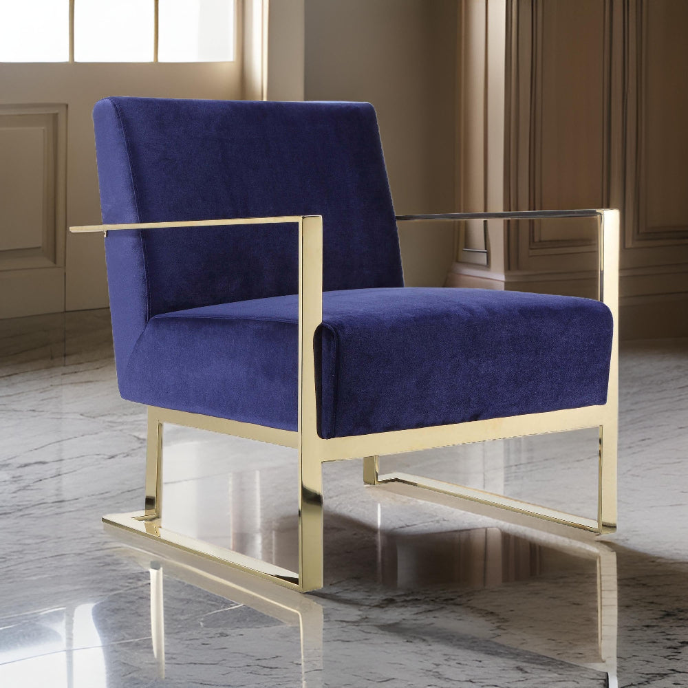 Benjara Boly 28 Inch Lounge Chair, Navy Blue Velvet Upholstery, Gold Steel Frame