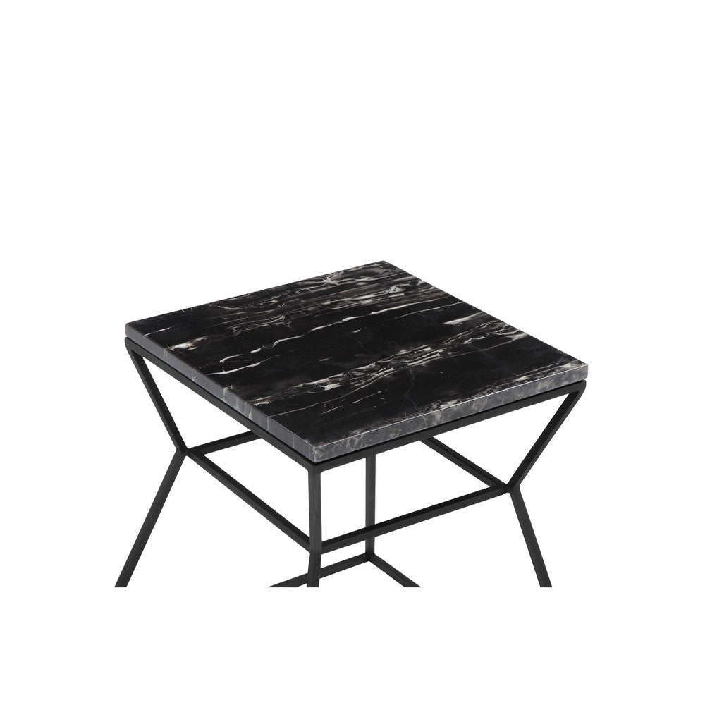 Benjara Lio 18 Inch Side End Table, Square Marble Top, Open Hourglass Frame, Black