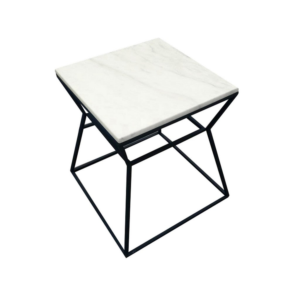Benjara Lio 18 Inch Side End Table, White Marble Top, Open Hourglass Frame, Black
