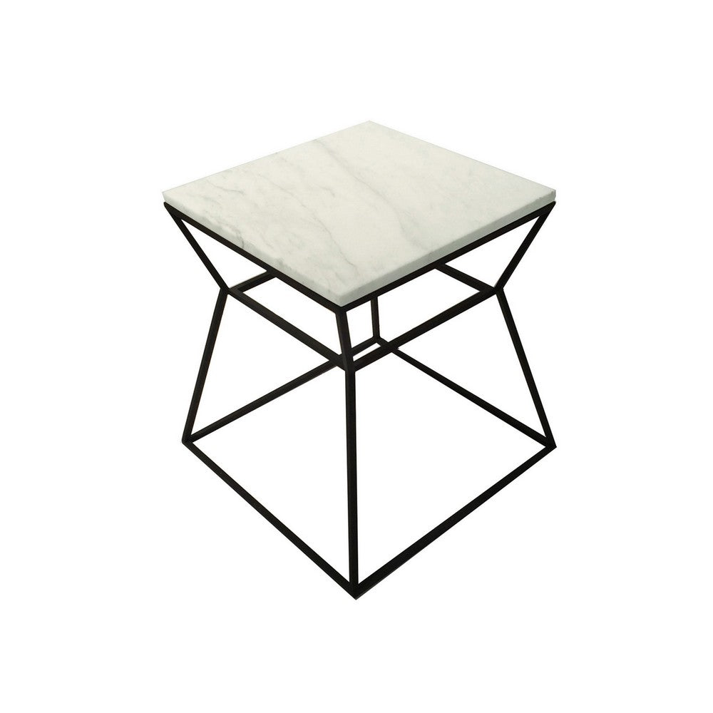 Benjara Lio 18 Inch Side End Table, White Marble Top, Open Hourglass Frame, Black