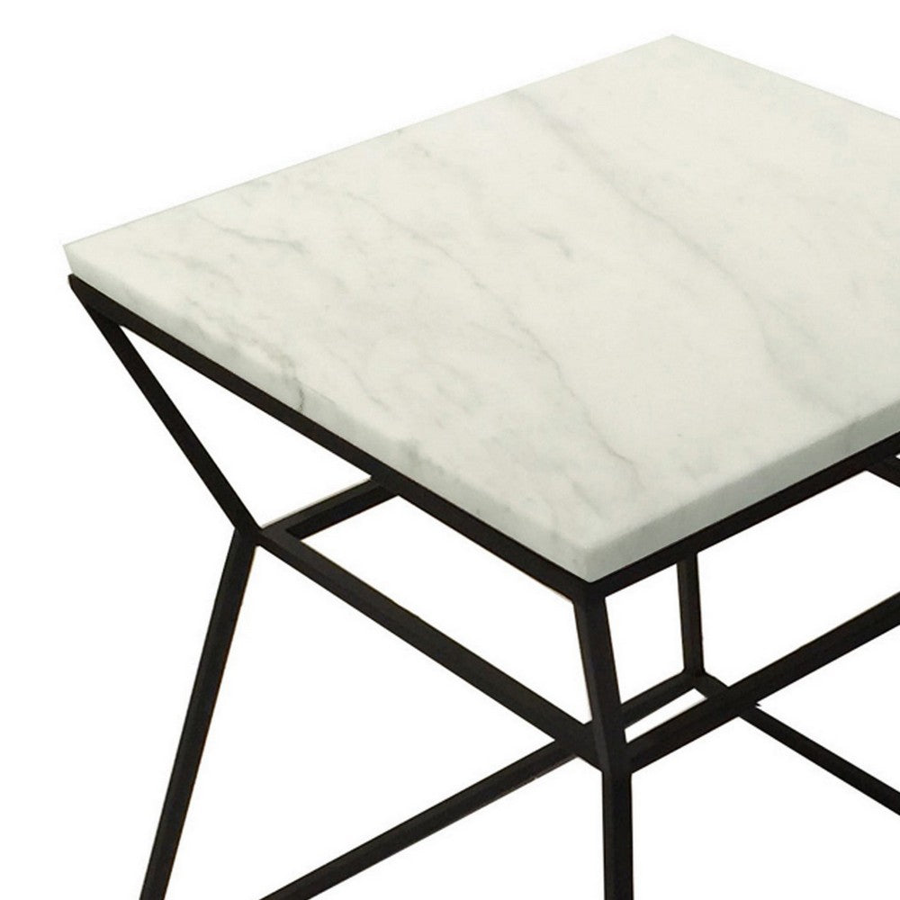 Benjara Lio 18 Inch Side End Table, White Marble Top, Open Hourglass Frame, Black