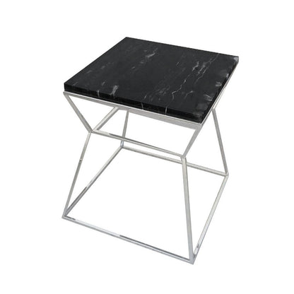 Benjara Lio 18 Inch Side End Table, Black Marble Top, Silver Open Hourglass Frame
