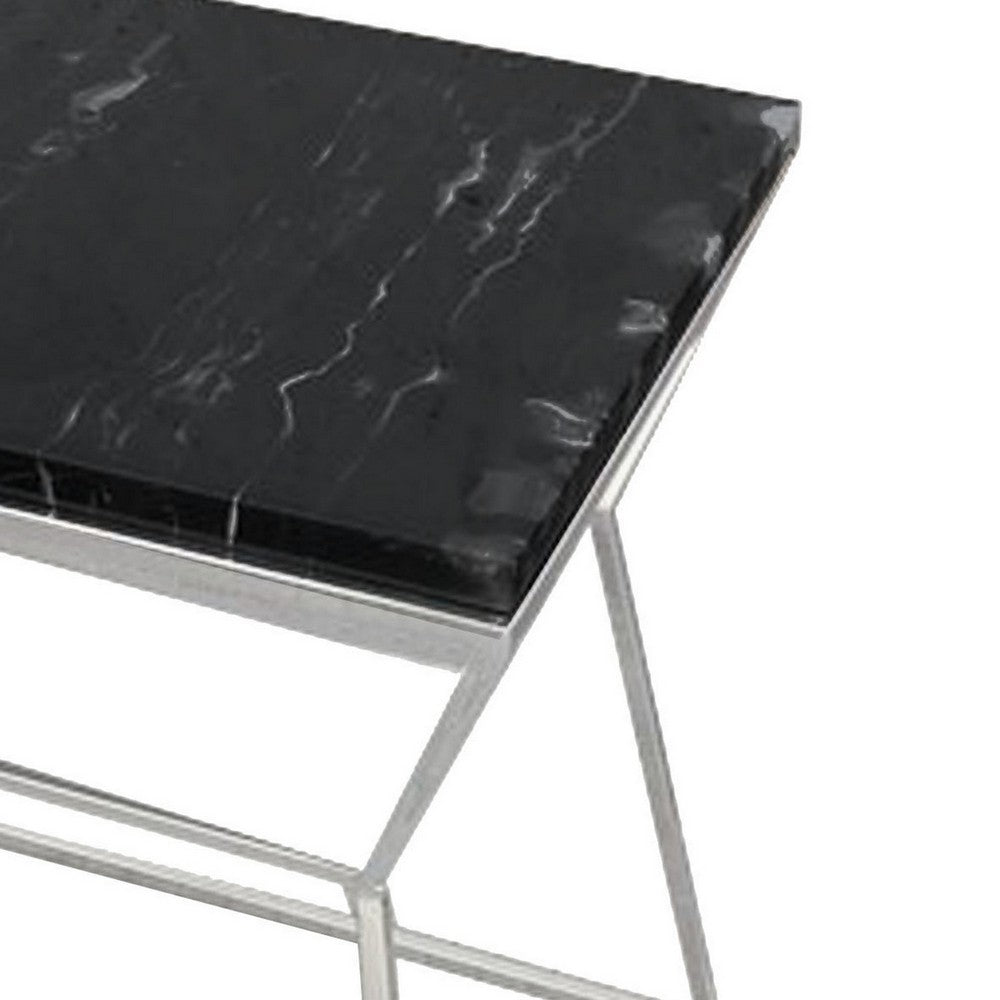 Benjara Lio 18 Inch Side End Table, Black Marble Top, Silver Open Hourglass Frame
