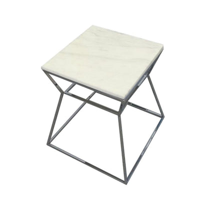 Benjara Lio 18 Inch Side End Table, White Marble Top, Silver Open Hourglass Frame