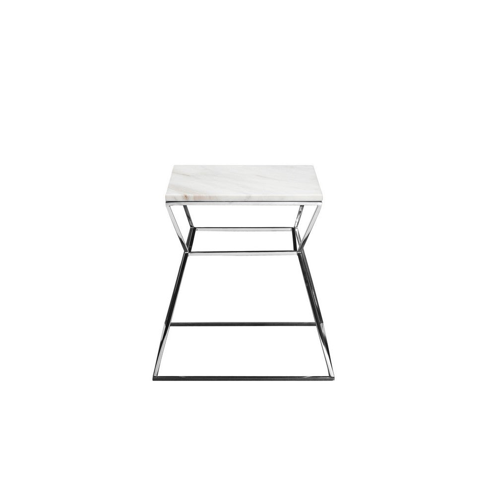 Benjara Lio 18 Inch Side End Table, White Marble Top, Silver Open Hourglass Frame