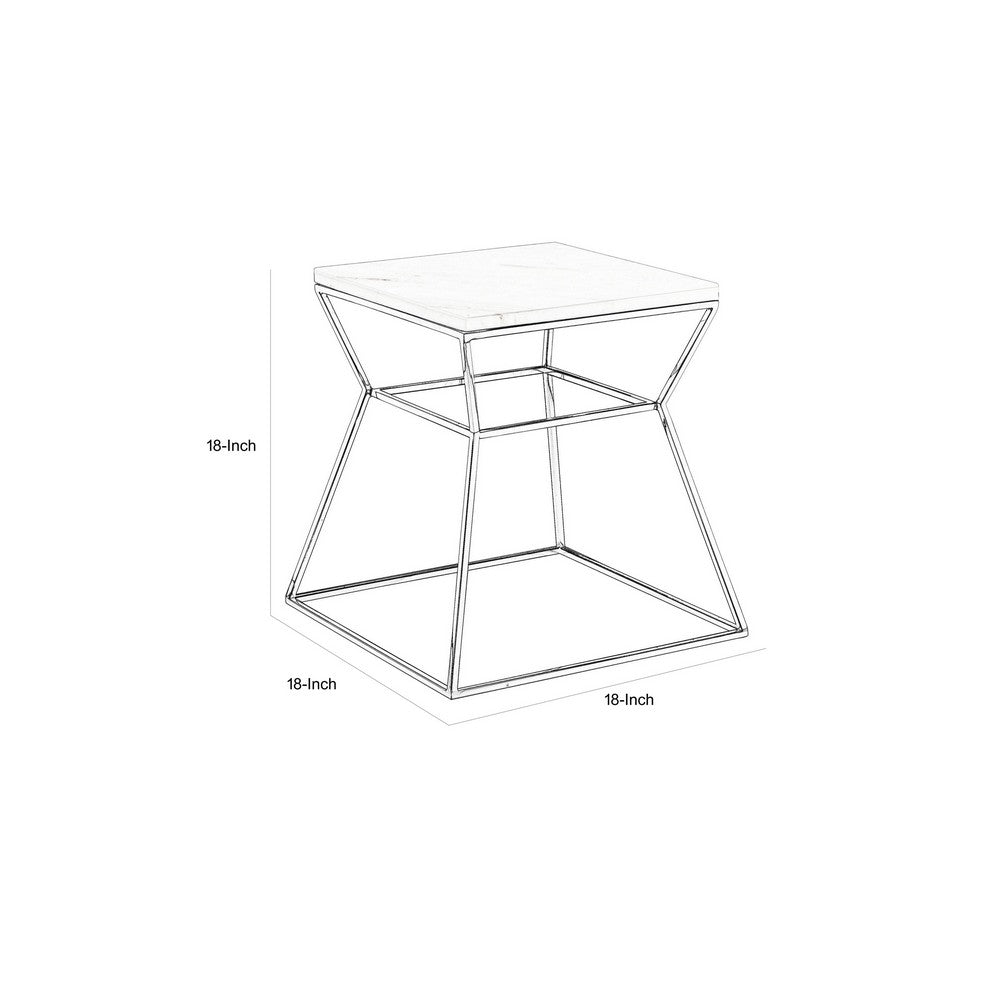Benjara Lio 18 Inch Side End Table, White Marble Top, Silver Open Hourglass Frame