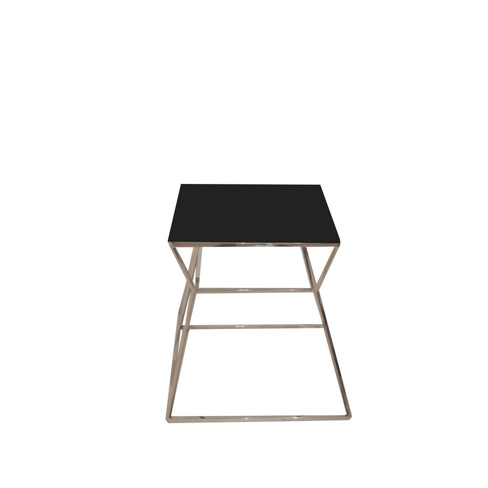 Benjara Lio 18 Inch Side End Table, Black Glass Top, Silver Open Hourglass Frame